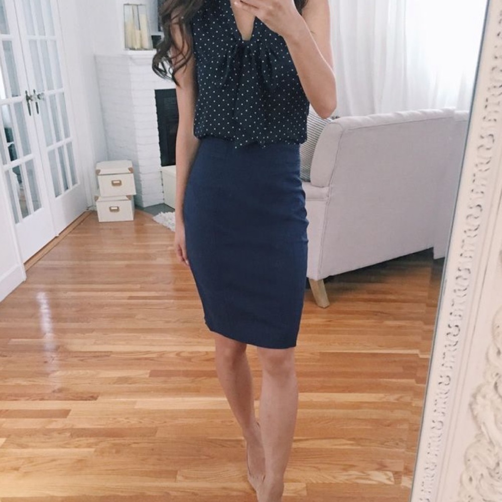 Ann Taylor Navy Blue Cotton Poplin Pencil Skirt 0P